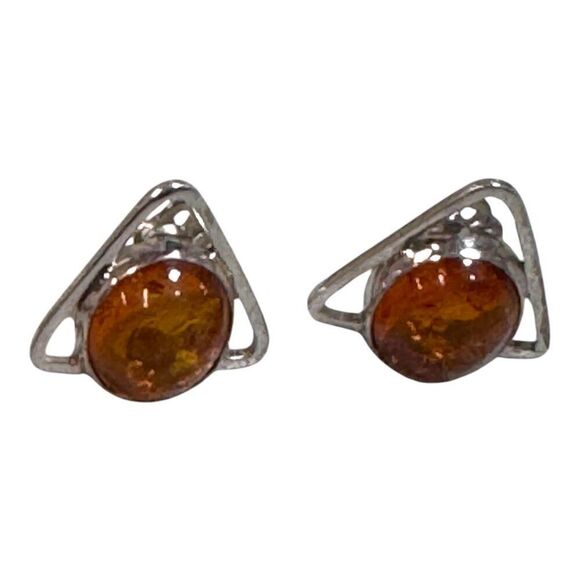 Vintage MCM Brutalist Amber Sterling Silver 925 Clip-On Earrings Triangle Design - Picture 6 of 8
